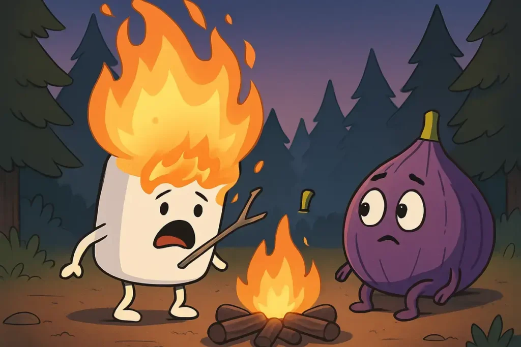 marshmallow burning over campfire with shocked fig character