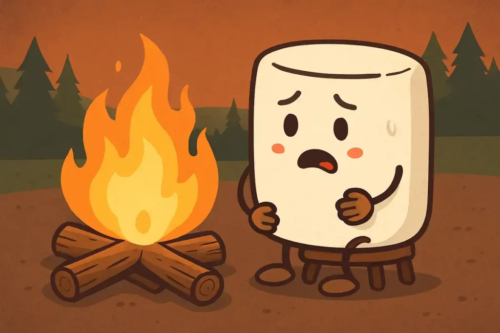 marshmallow sweating near campfire in forest