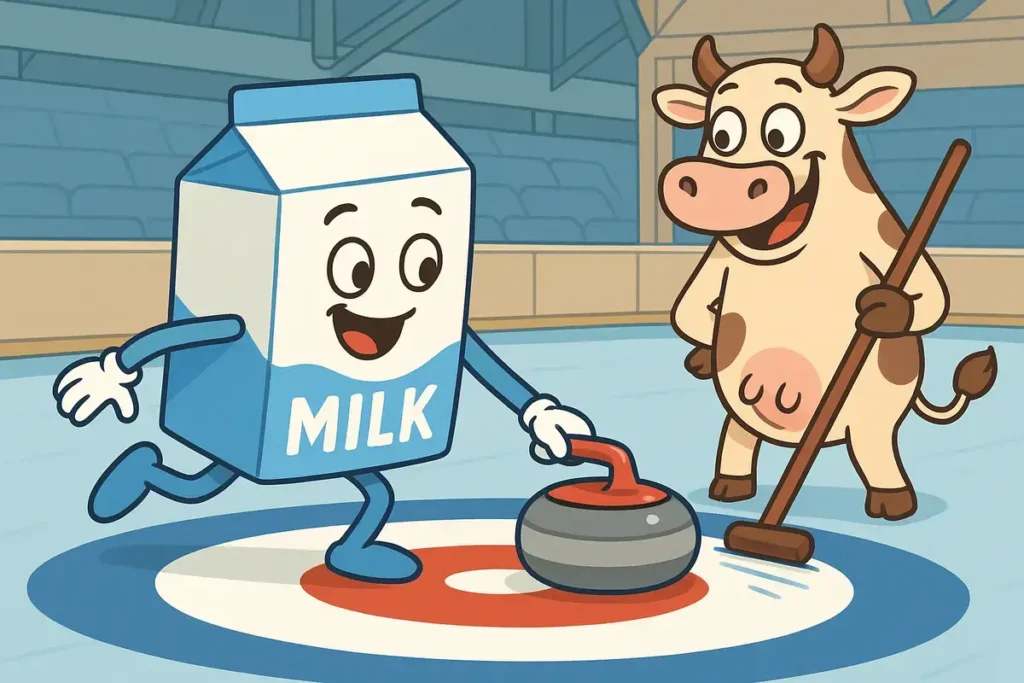 cow and milk carton playing curling