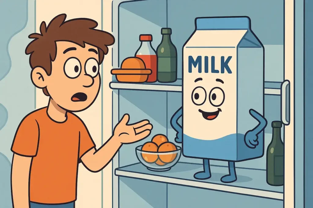 milk carton saying "just chilling" inside fridge — funny milk puns moment