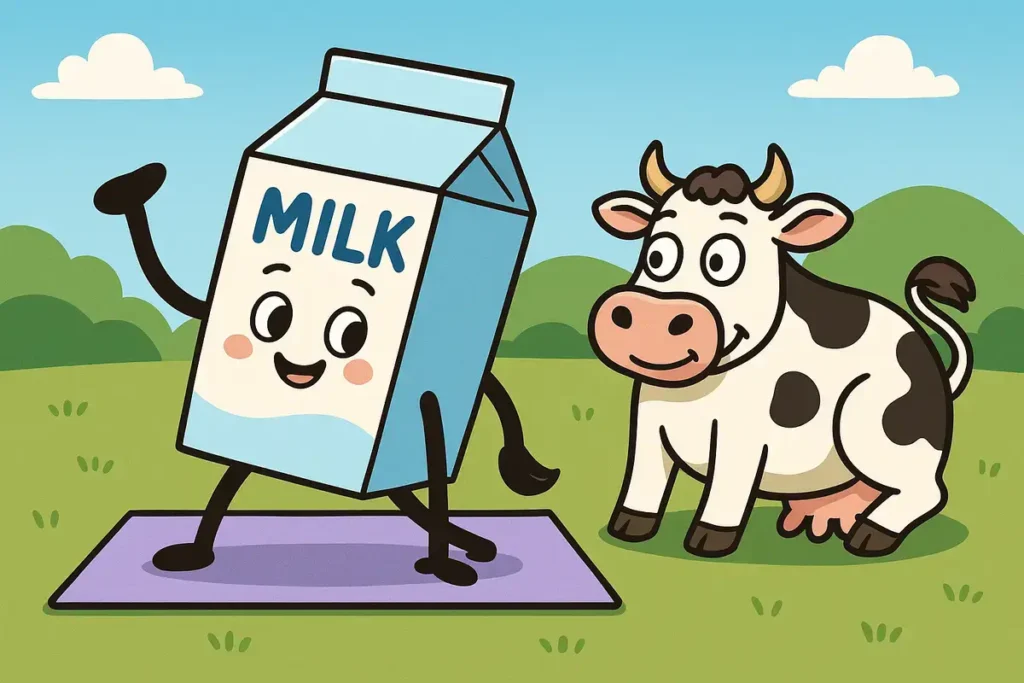 milk carton in yoga cow pose with smiling cow