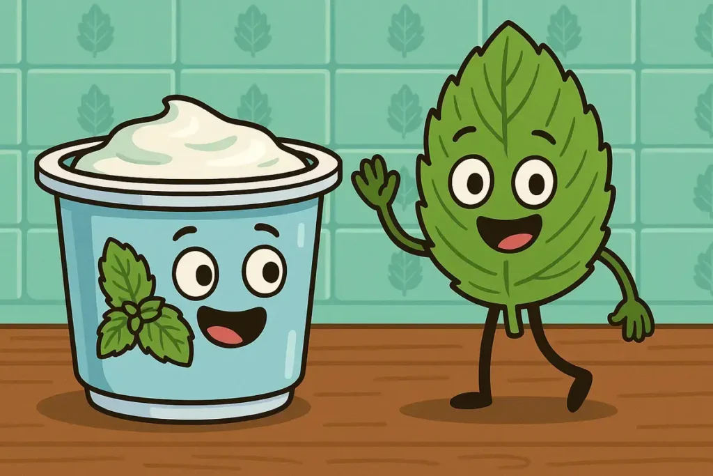 mint jokes cartoon of yogurt and mint leaf characters
