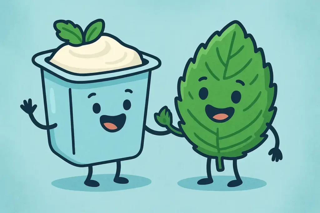 yogurt cup and mint leaf laughing together