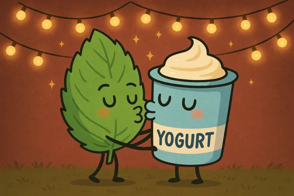 mint leaf kissing yogurt under twinkle lights