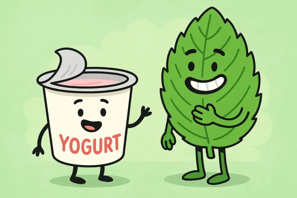 Funny mint jokes cartoon with yogurt and mint characters