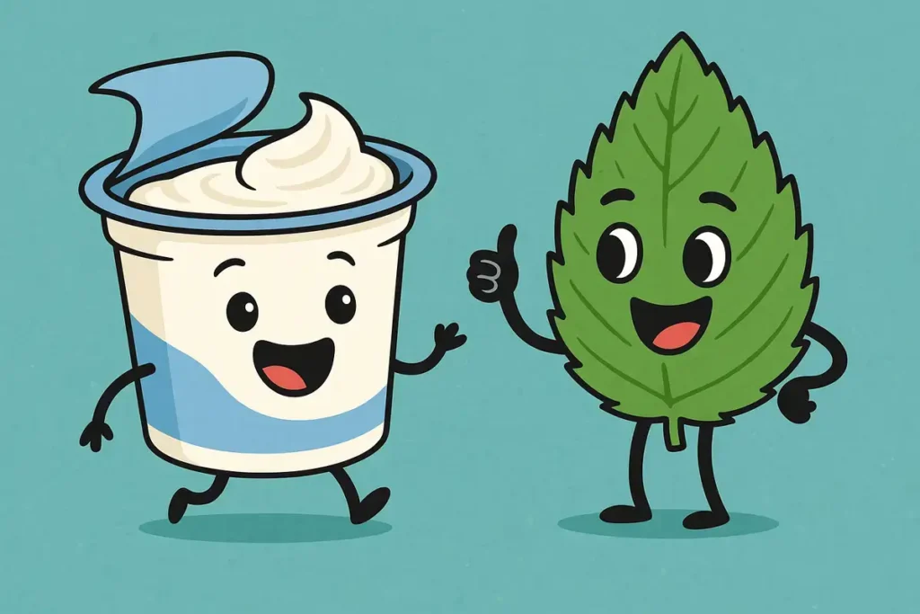 yogurt and mint leaf characters in a playful scene for funny mint jokes