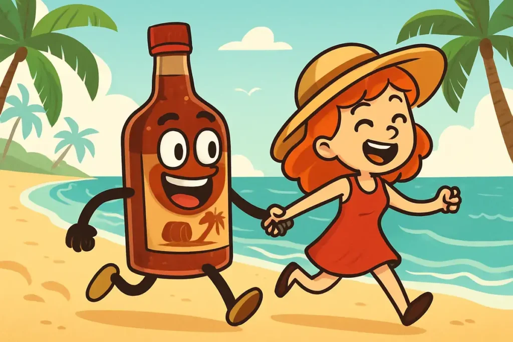 rum bottle running on beach with woman