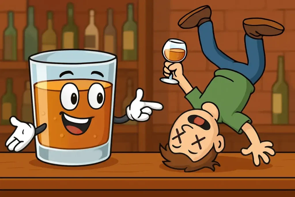 Funny National Rum Day jokes of smiling rum glass and tipsy man in bar scene