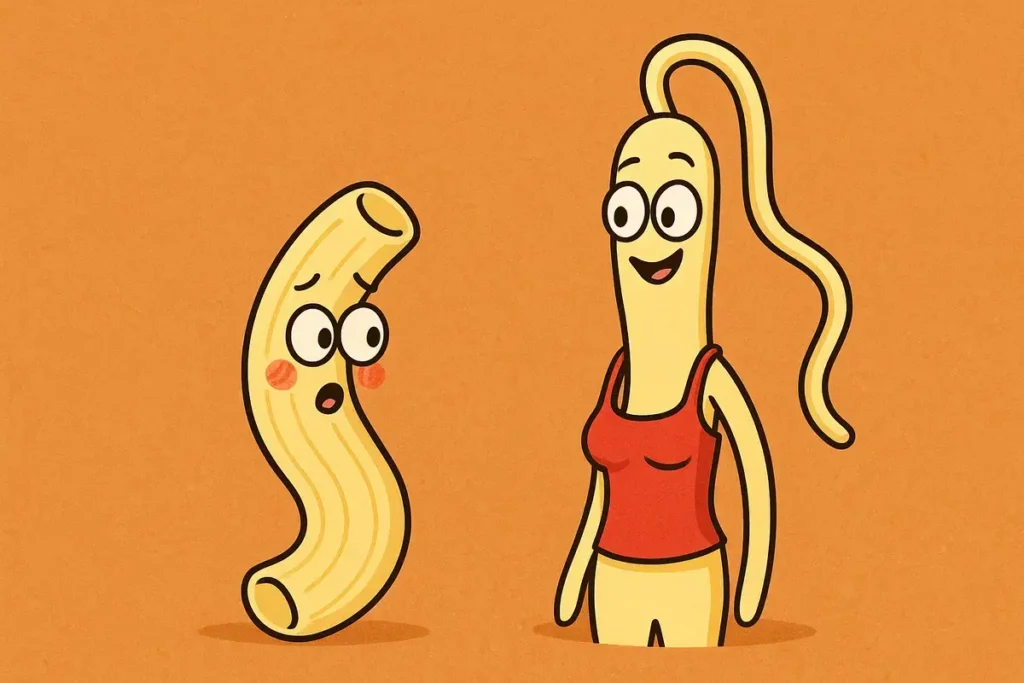 illustration of funny noodle jokes with a blushing macaroni and spaghetti strap character