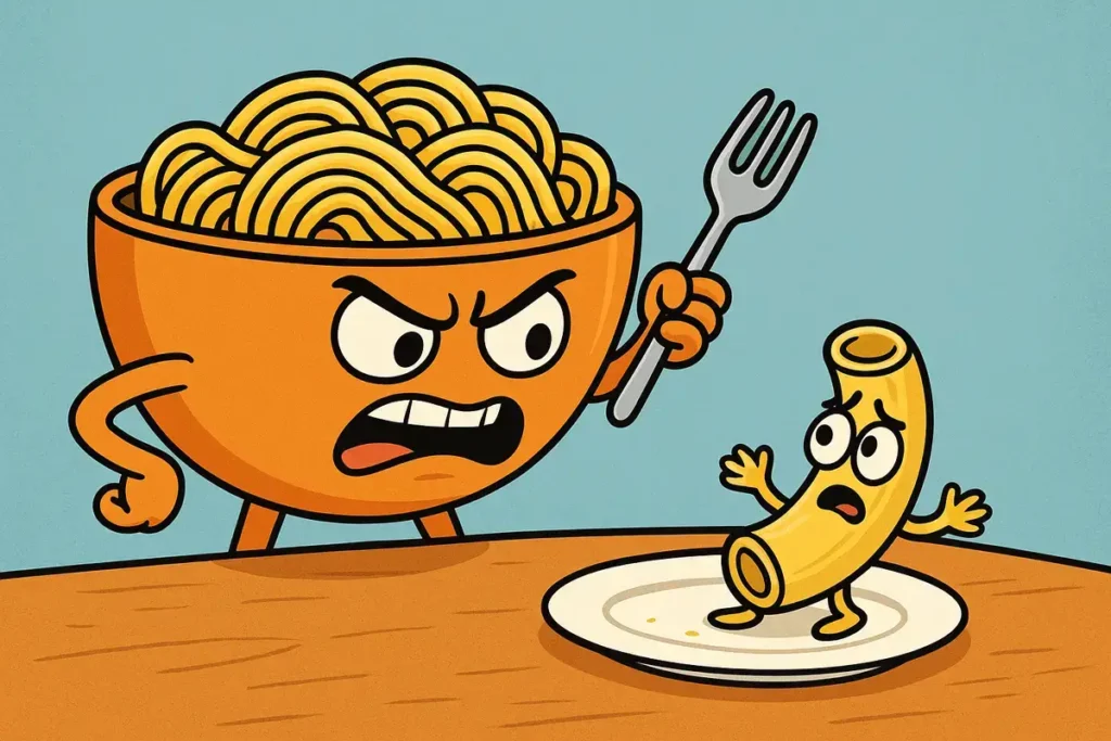 angry noodle bowl chasing macaroni character – funny noodle jokes