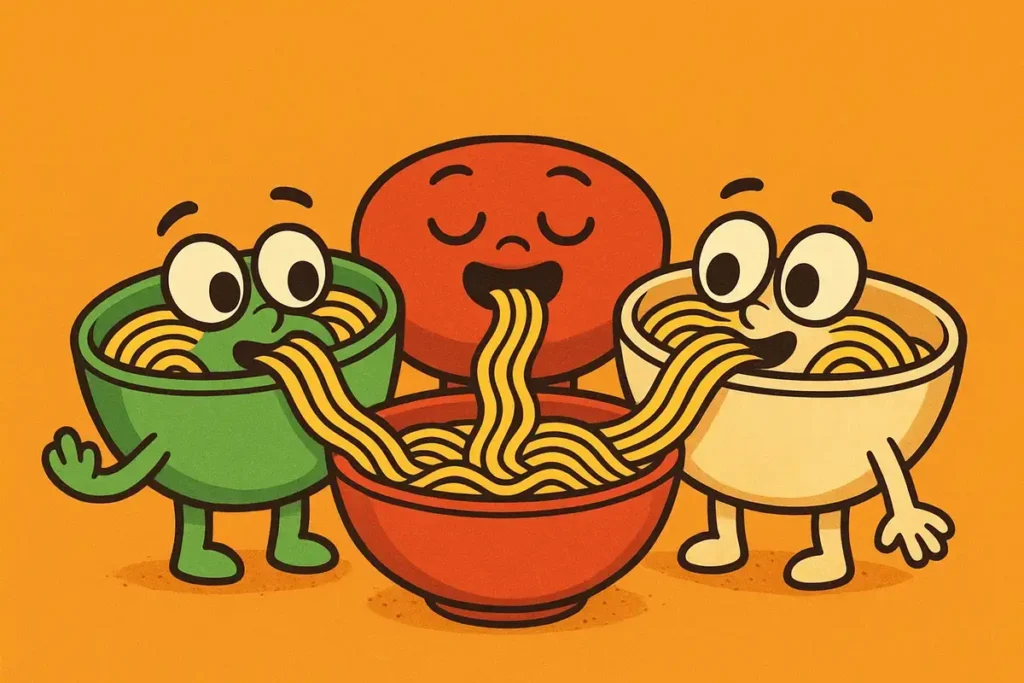bowls slurping noodles together in a funny scene, perfect for funny noodle jokes.