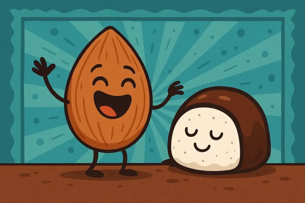 almond and candy character illustration with funny nut jokes theme