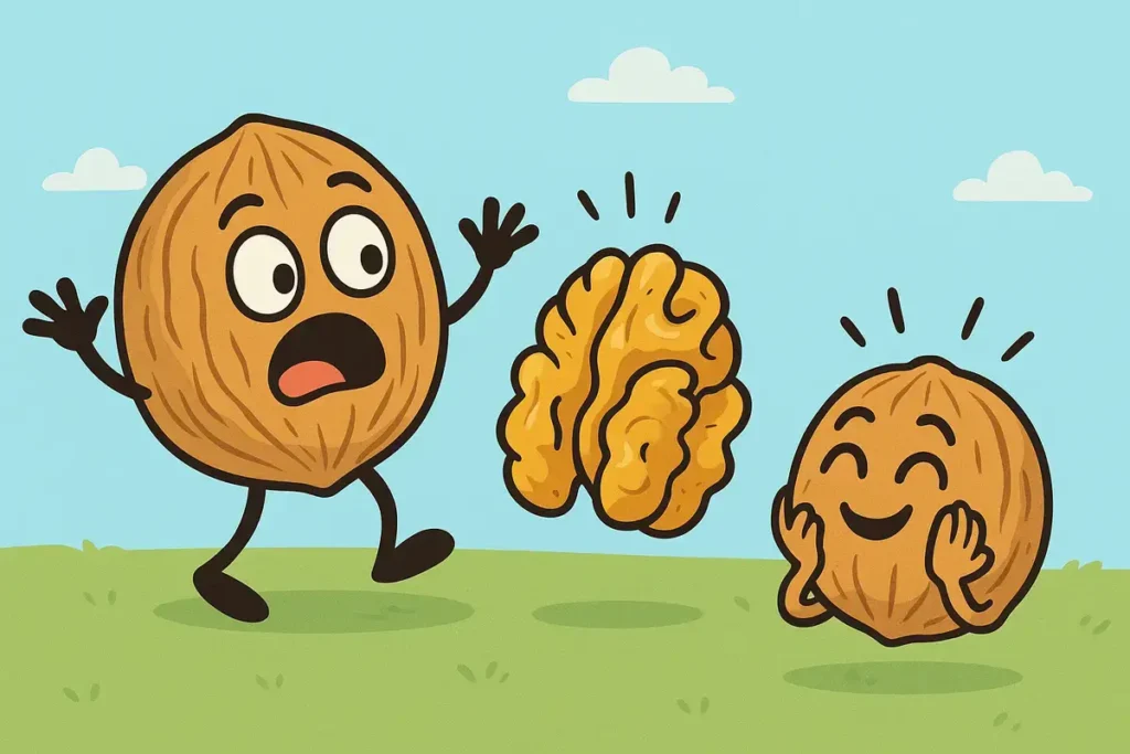 walnuts reacting humorously to a tasty walnut kernel