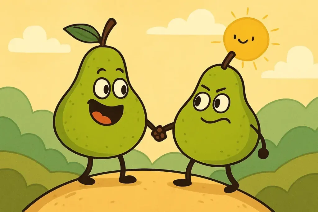 pears holding hands on a hill with a smiling sun