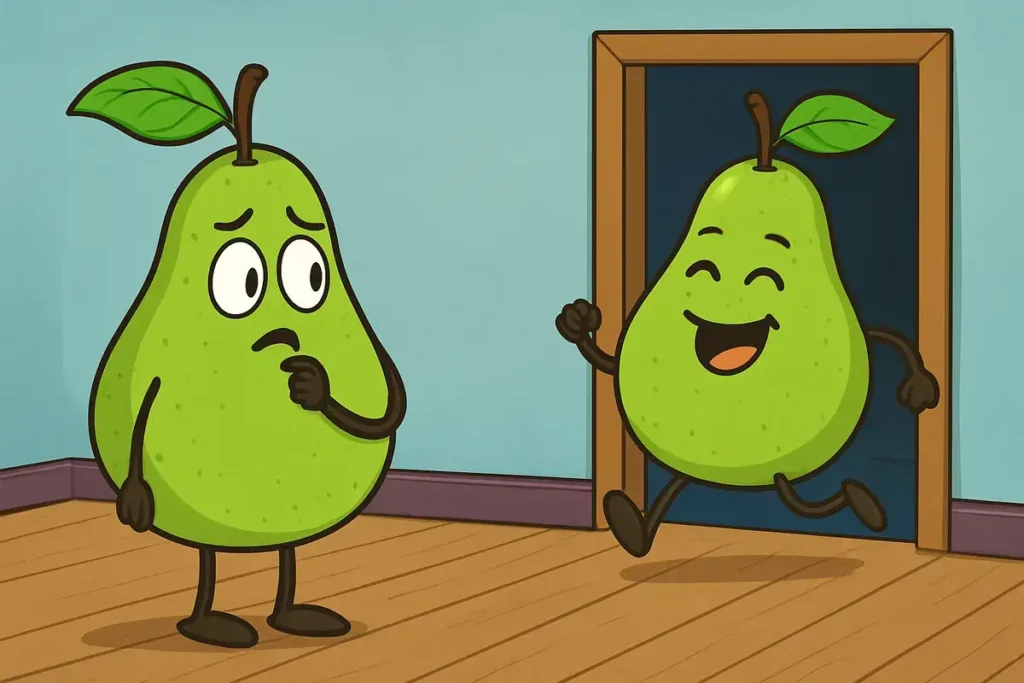 pears in a room, one disappearing and one worried