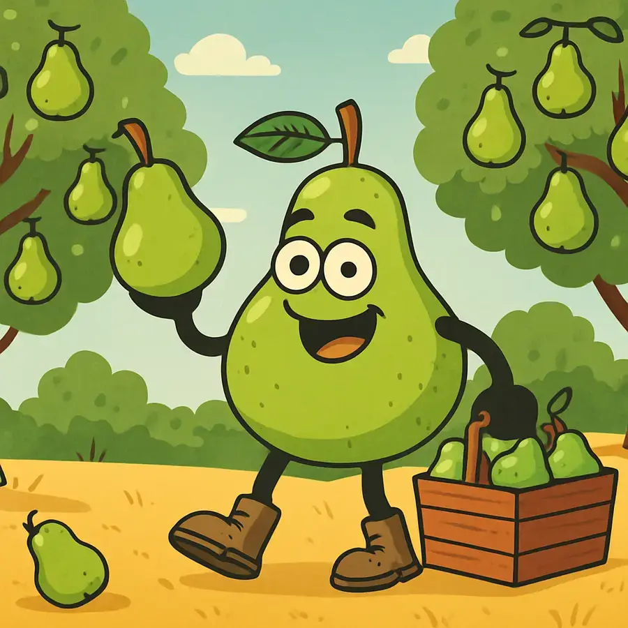 pear puns cartoon character working in orchard