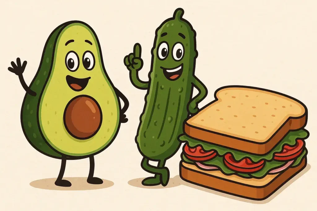 pickle and avocado with sandwich for funny pickle jokes