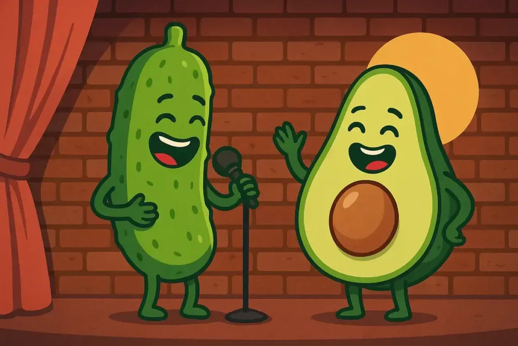 pickle and avocado telling funny pickle jokes on stage