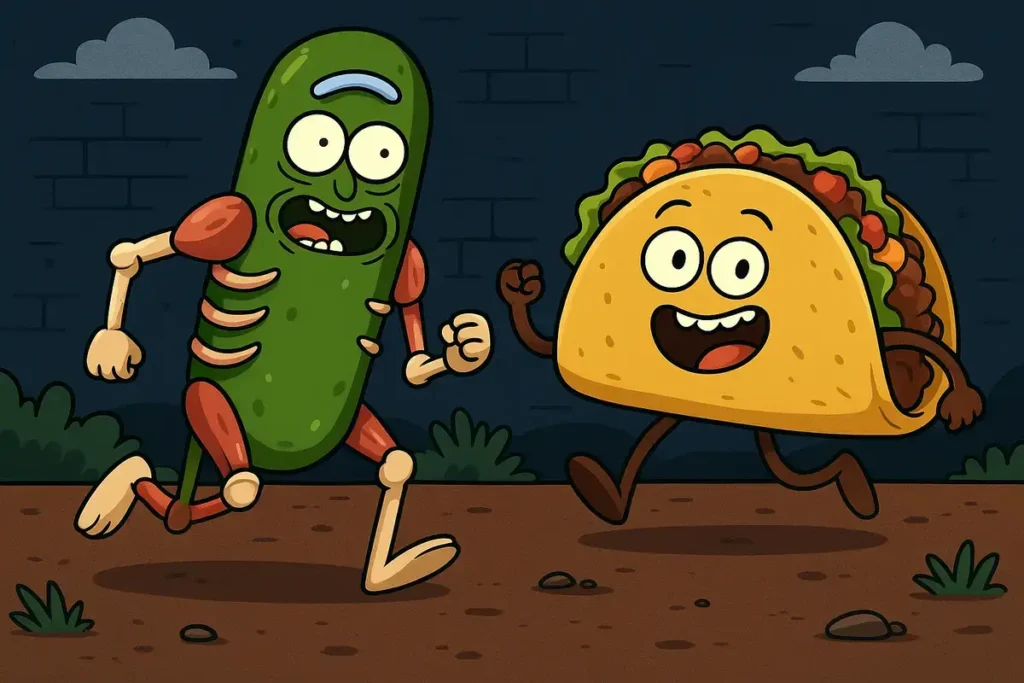 Pickle Rick running with a taco in a funny pickle jokes scene.
