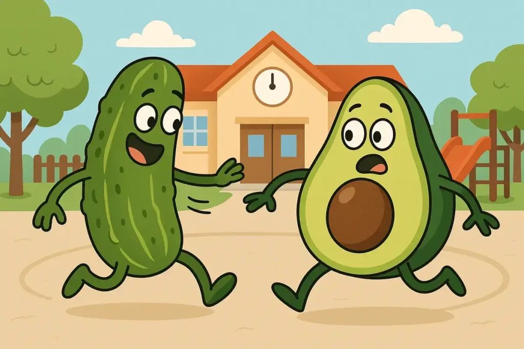 pickle playing tag with avocado on a school playground