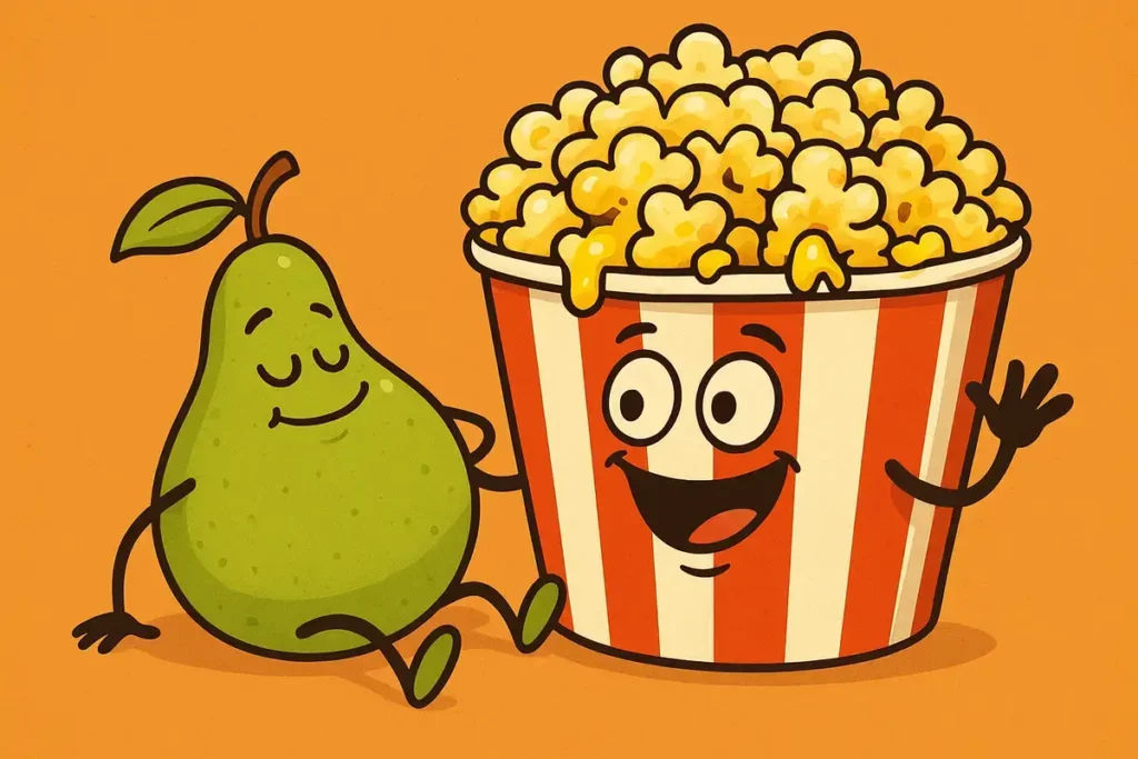 popcorn joke cartoon of pear relaxing with buttery popcorn bucket