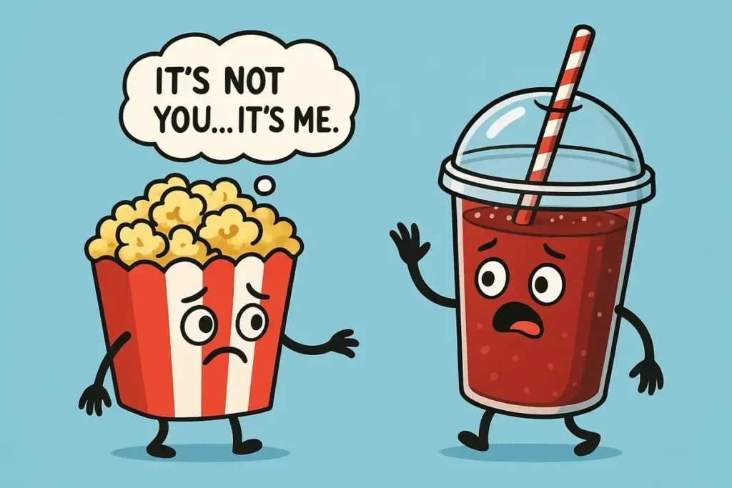 popcorn and soda characters in a funny breakup scene
