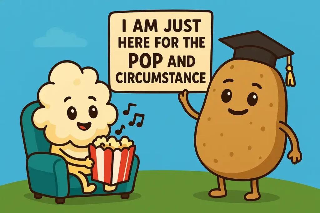 potato and popcorn character at graduation in a funny popcorn joke scene