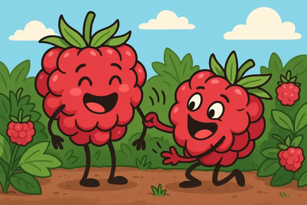 raspberries laughing in garden