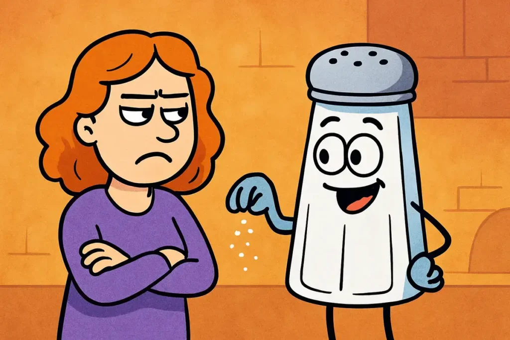 angry woman and smiling salt shaker