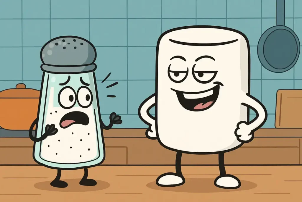 confident marshmallow teasing worried salt shaker in kitchen, funny salt puns