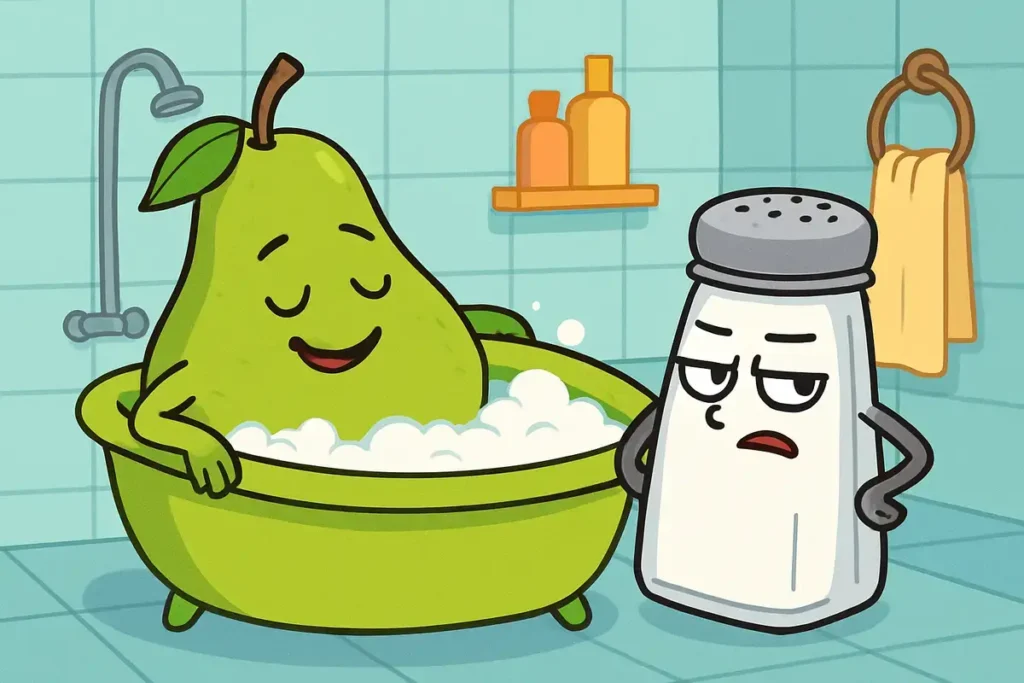 pear in bathtub with sassy salt shaker – funny salt puns scene