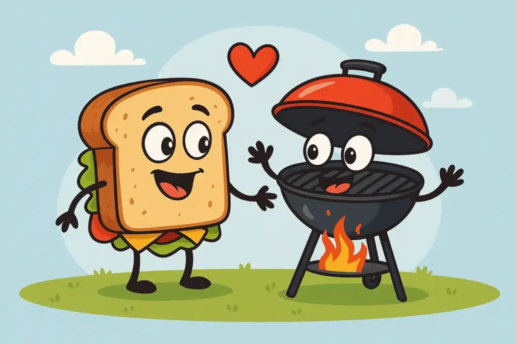 sandwich and grill characters in a funny scene