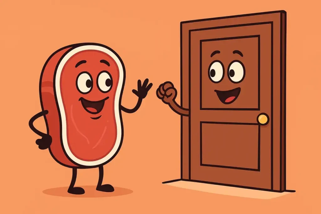 steak and door character in a funny steak joke scene