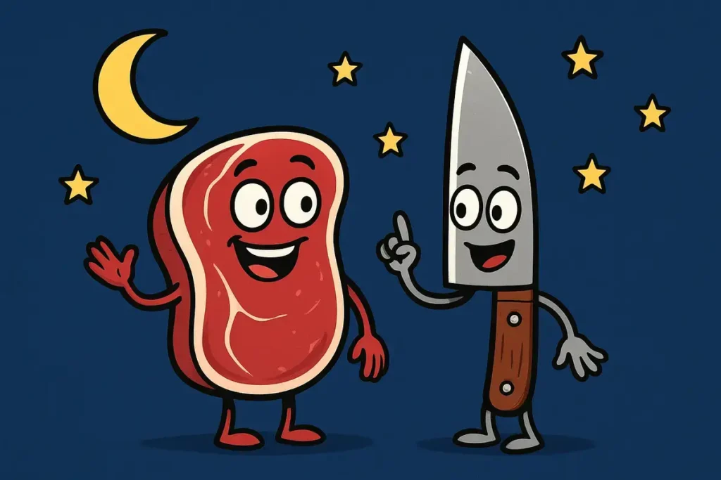 funny steak joke cartoon of smiling steak and knife under night sky