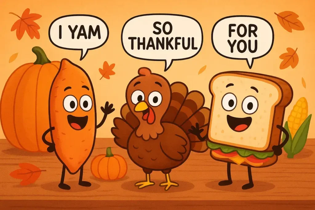 Funny thanksgiving food joke cartoon with yam, turkey, and sandwich characters