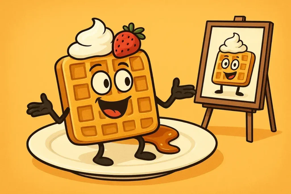 Funny waffle joke cartoon of smiling waffle with whipped cream and strawberry posing like art masterpiece.