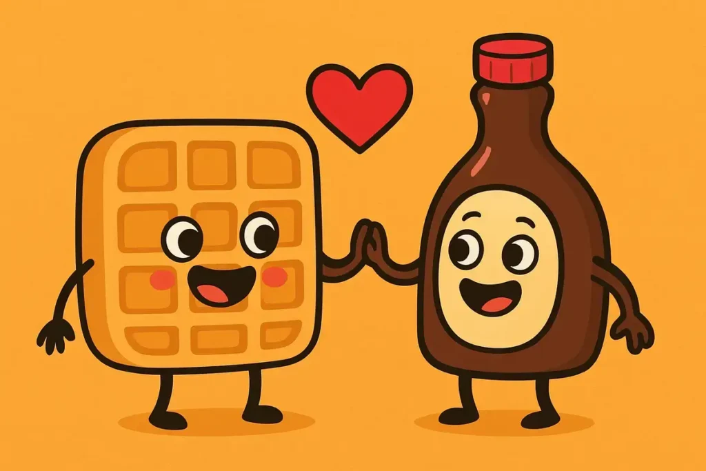 waffle and syrup bottle holding hands