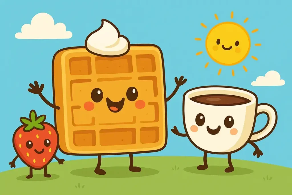breakfast scene for a funny waffle joke with happy waffle
