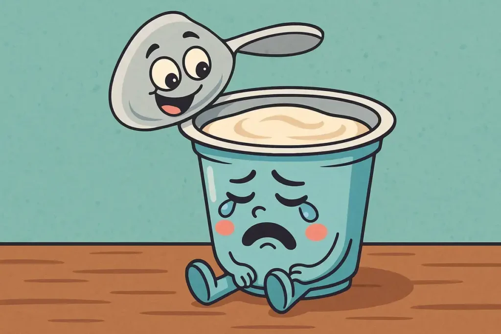 sad cartoon yogurt cup and happy lid – funny yogurt jokes