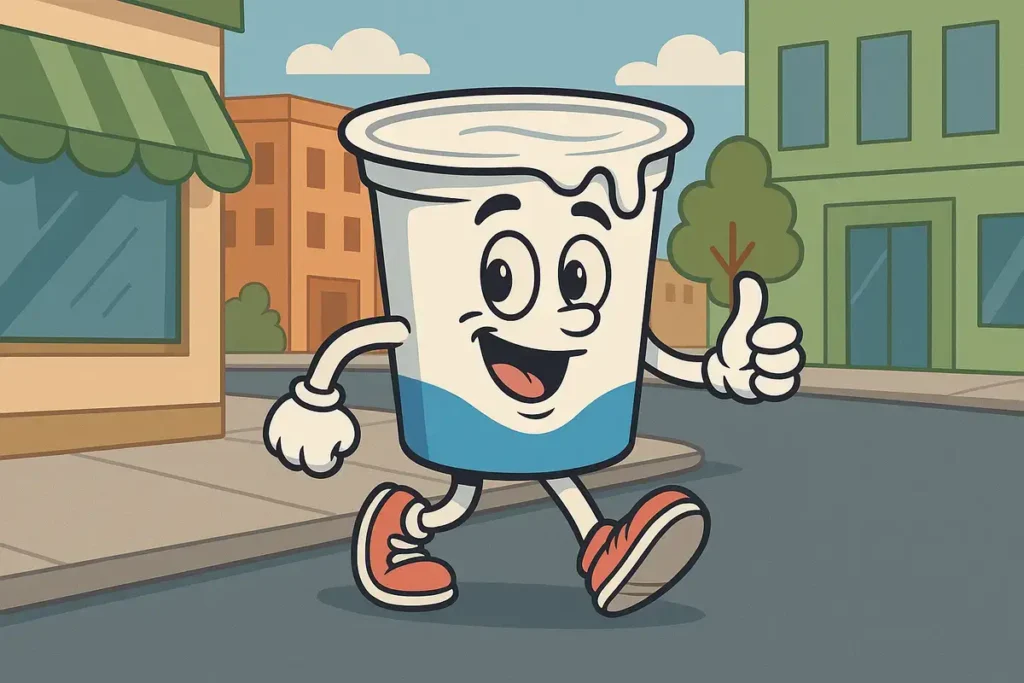 yogurt character walking confidently through town