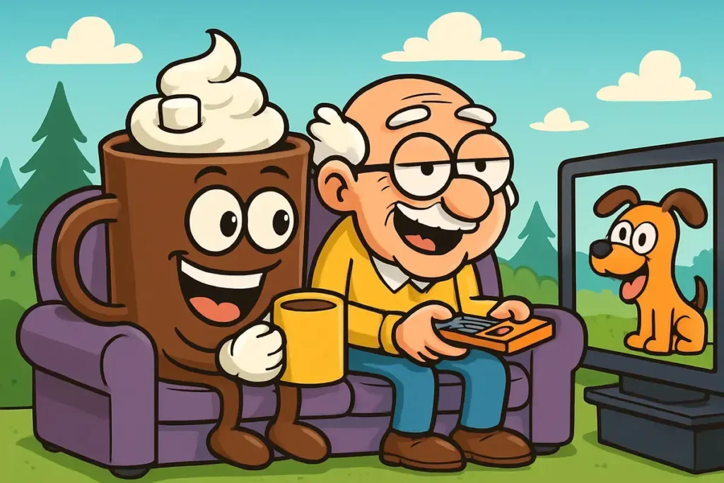 hot chocolate puns cartoon with cocoa and old man