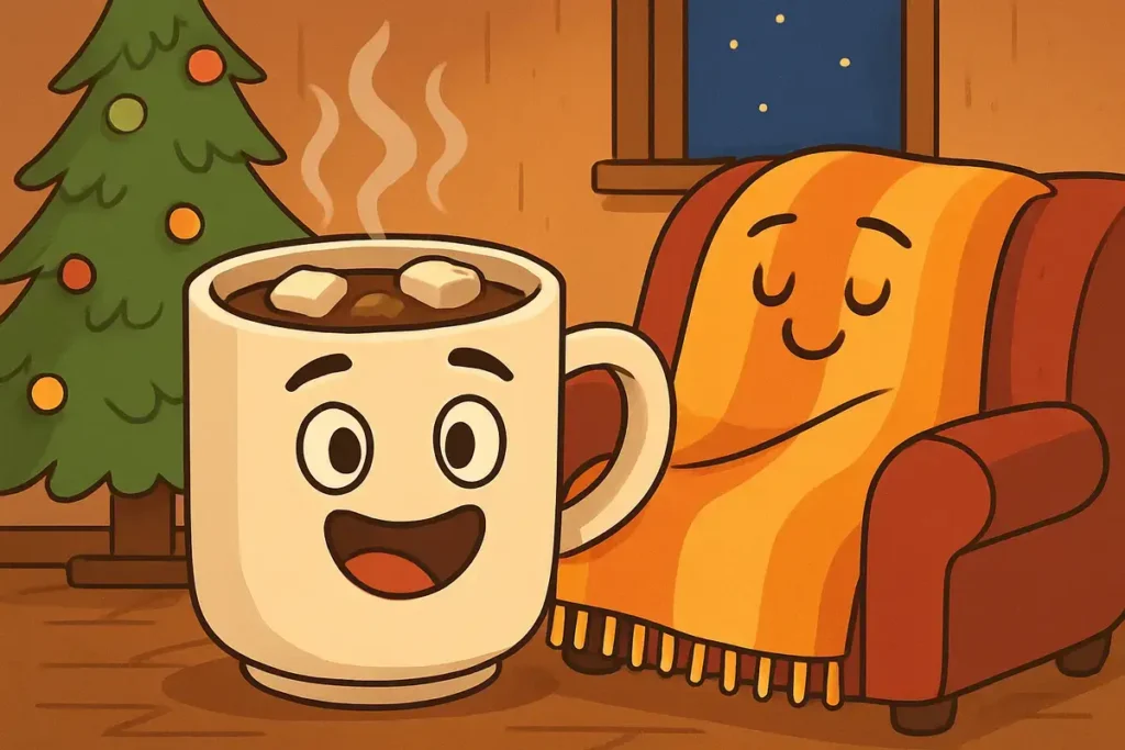 hot cocoa and blanket with Christmas vibes for hot chocolate puns