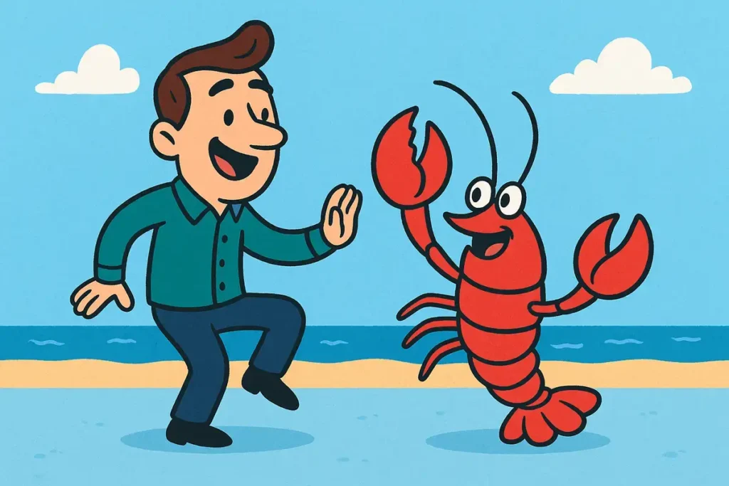lobster dancing with man on beach