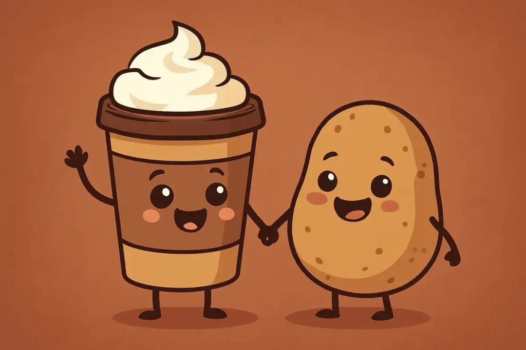 mocha cup and potato smiling together